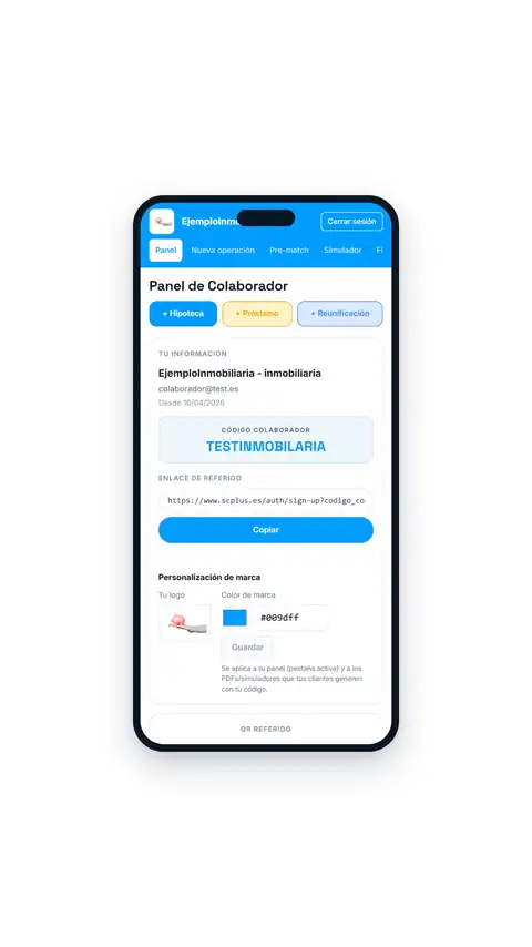 Demostración del panel del colaborador: marca, enlace y QR de referido