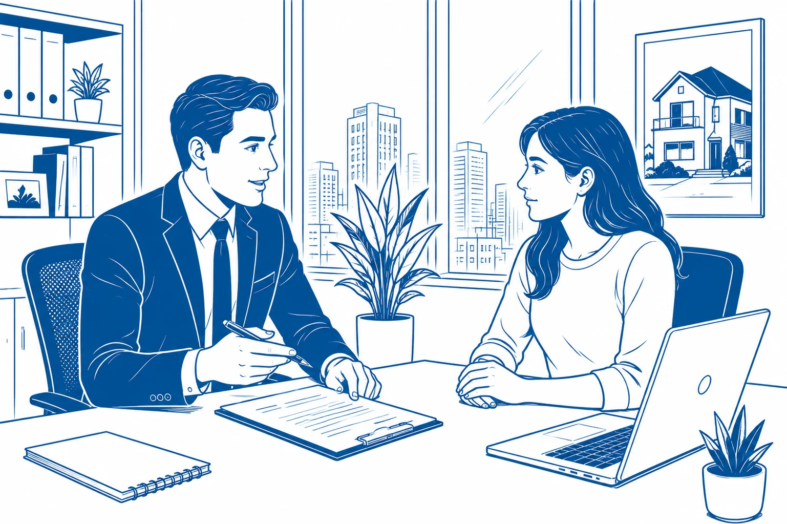 Reunión entre un agente inmobiliario y una clienta